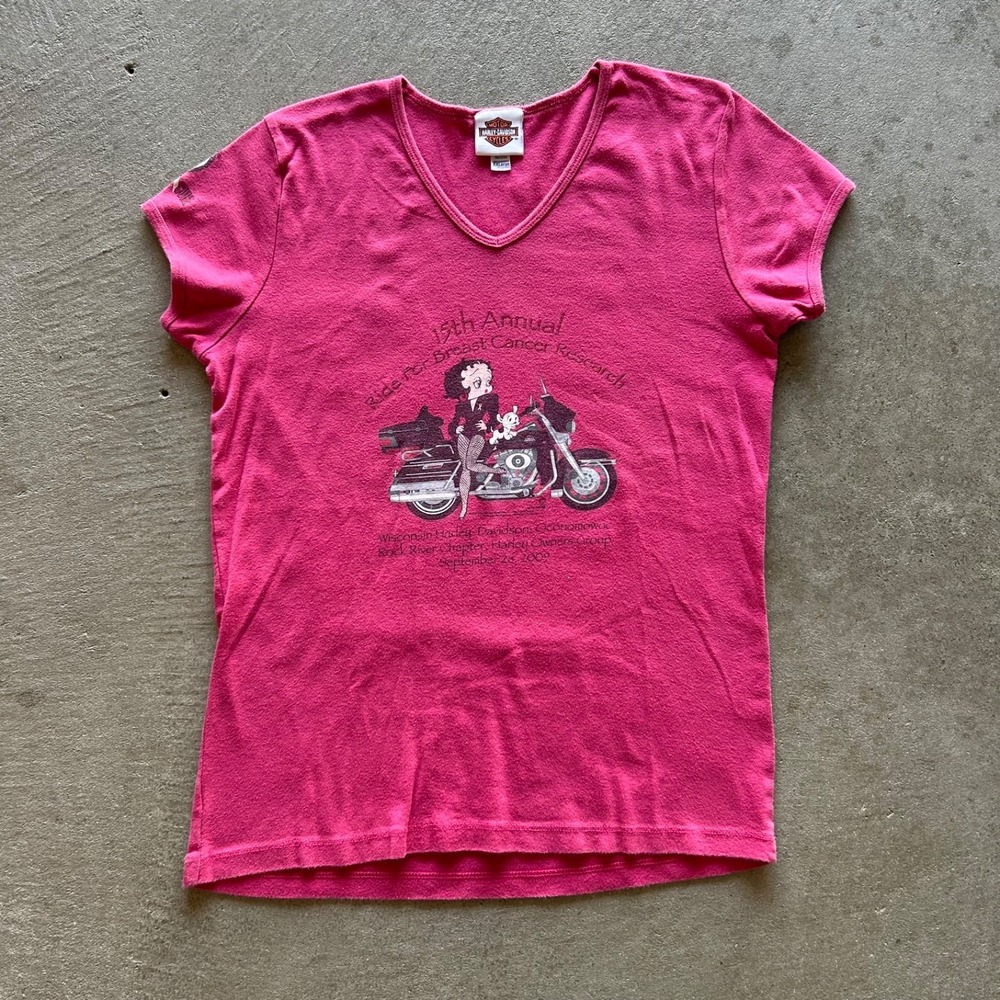 Vintage Harley Davidson Betty Boop Shirt Womens XXL Pink Breast Cancer Biker
